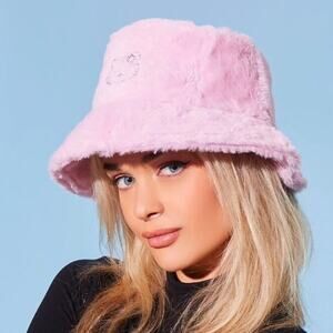 Hello Kitty Pink Faux Fur Bucket Hat Rhinestone Logo Fuzzy Y2K Coquette